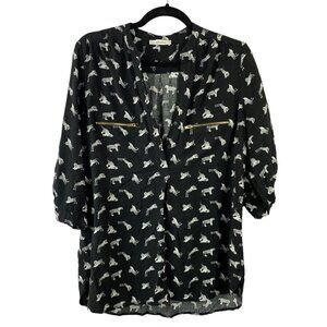 Mandee Casual Novelty Tiger Printed Roll Tab Sleeve Blouse Large Black